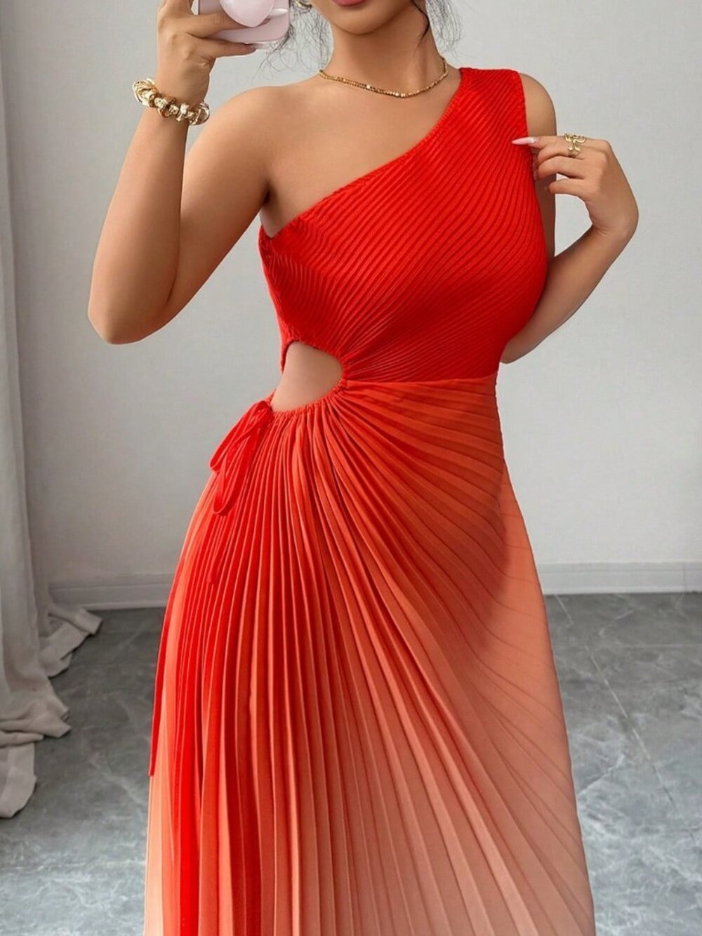 Orange Elegant Women's Sleeveless Asymmetric Neck Pleated Ombre Dress - Picture 4 of 4